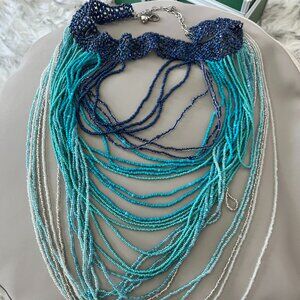 Statement Multi-Strand Beaded Bib Necklace – Ombre Blue, Aqua & Silver Seed Bead
